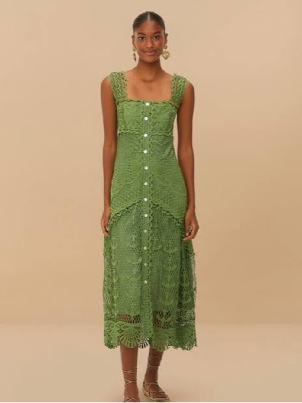 FARM Rio Olive Crochet Button-Front Midi Dress